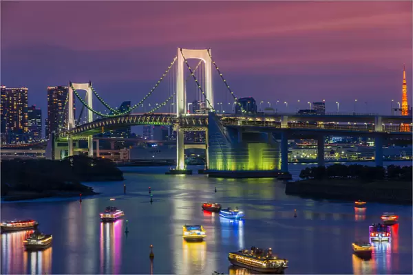 The Rainbow Bridge at dusk, Tokyo, Japan