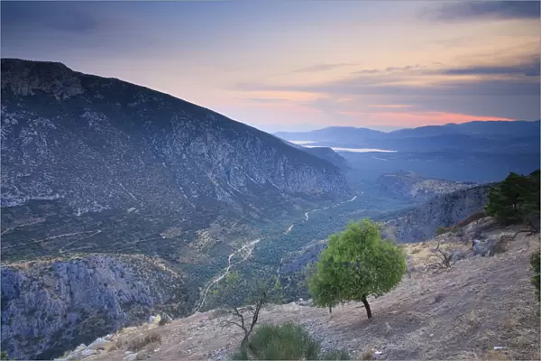 Greece, Delphi (UNESCO World Heritage Site), Valley View with Corinthian Gulf in the