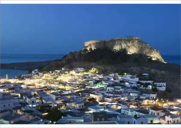 Greece, Dodecanese Islands, Rhodes, Lindos, Lindos Town View with Acropolis of Lindos
