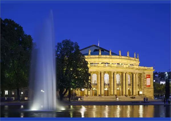 Germany, Baden-Wurttemburg, Stuttgart, Staatstheater and fountain, evening