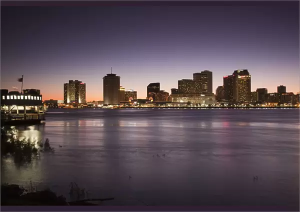 USA, Louisiana, New Orleans, city skyline from Algiers, Algiers ferry, and Mississippi