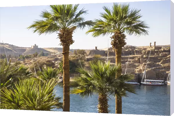 Egypt, Upper Egypt, Aswan, View towards Khnum ruins on Elephantine Island and Mausoleum