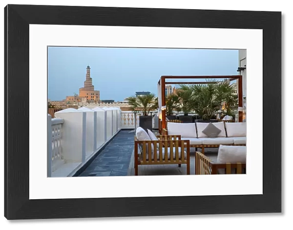 Qatar, Doha, Rooftop terrace of boutiqe hotel at Souq Waqif with Fanar Qatar Islamic