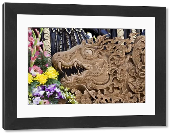 Thailand, Chiang Mai, Baan Tawai Wood Carving Village, Detail of Dragon Carving