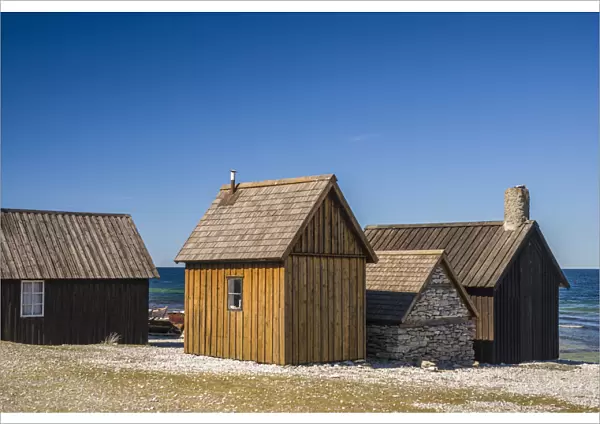Sweden, Faro Island, Kursviken, coastal farmers fishing shacks