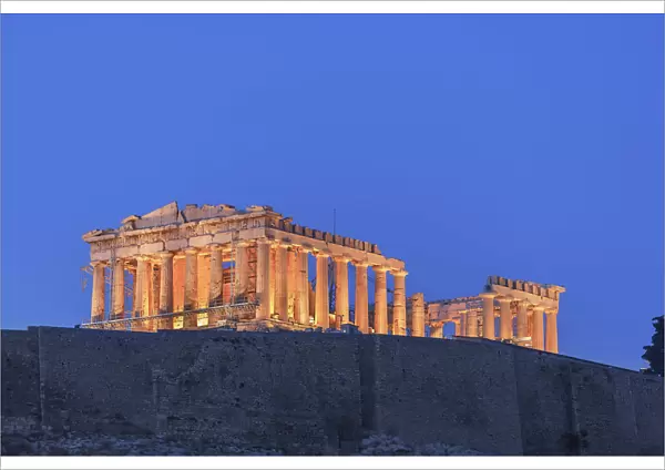 The Acropolis illuminated by floodlight, Athens, Greece
