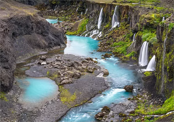 Waterfalls and blue rivers of Sigoldugljufur or Valley of Tears, Southern Highlands