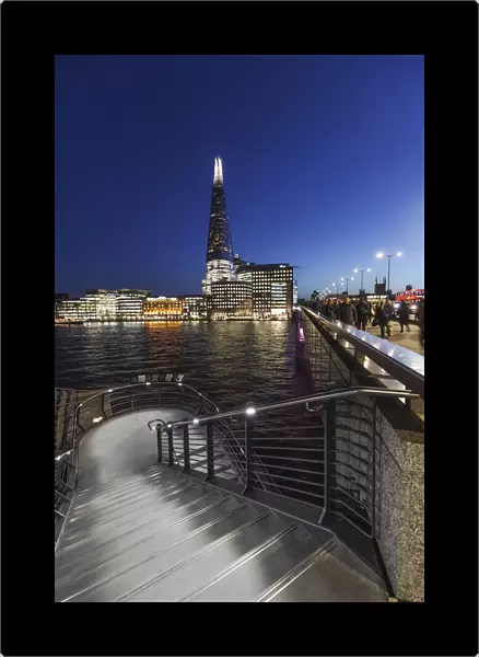 England, London, Night View of London Bridge Steps and The Shard