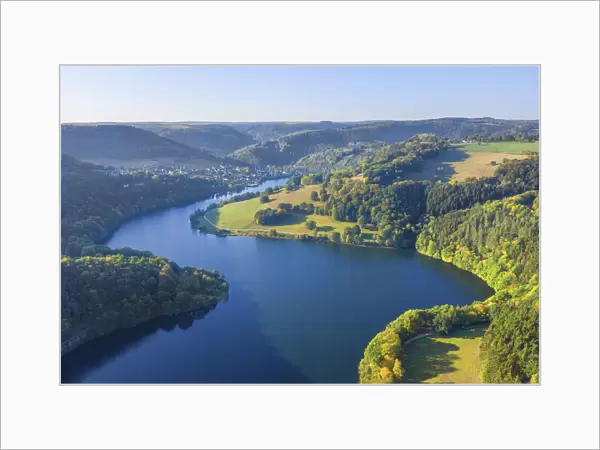 Aerial view at the Obersee part of the Lake Rur in the morning, Eifel National Parc