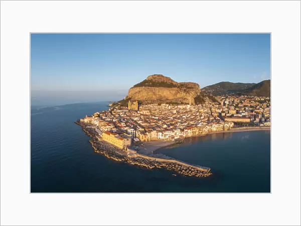Cefalu, Sicily, Italy. Aerial cityscape at sunset