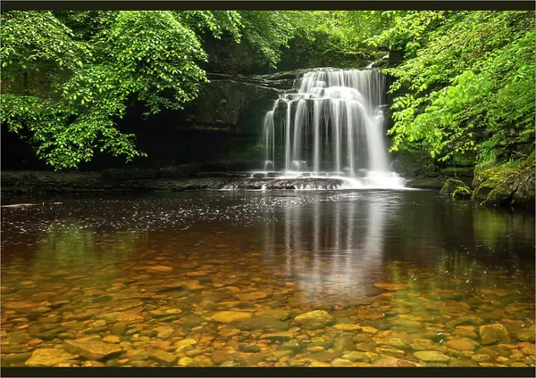 Cauldron Falls waterfall in the village of West Burton, Yorkshire Dales National Park, Yorkshire, England. Spring (June) 2022