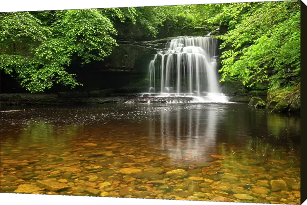 Cauldron Falls waterfall in the village of West Burton, Yorkshire Dales National Park, Yorkshire, England. Spring (June) 2022