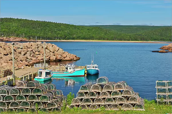 Fishing boats in coastal village. Cabot Trail. Cape Breton Island. Neils Harbour, Nova Scotia, Canada