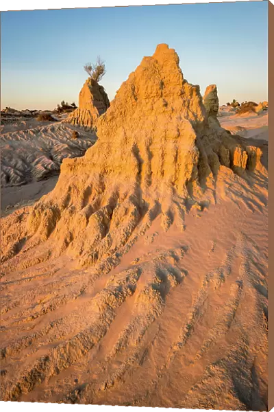 Eroded landscape known as the Walls of China in Lake Mungo at sunset, Mungo National Park, New South Wales, Australia