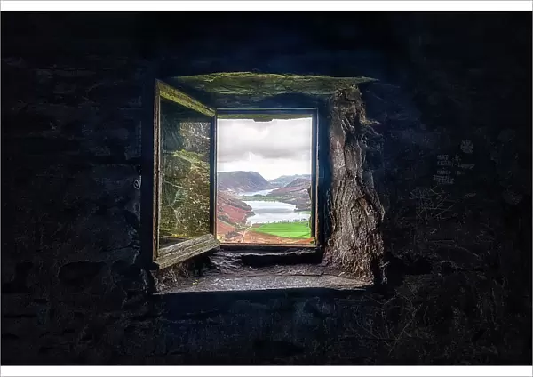 Buttermere and Crummock Water as seen through the window of the Warnscale Bothy, a mountain shelter near Buttermere, Lake District National Park, Cumbria, England