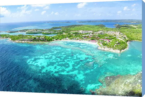 Aerial panoramic of idyllic beach overlooking the coral reef, Long Bay, Antigua, Antigua & Barbuda, Caribbean, West Indies