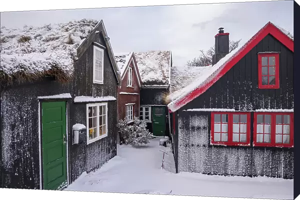The historic area Reyn in Torshavn covered by snow. Island of Streymoy. Faroe Islands