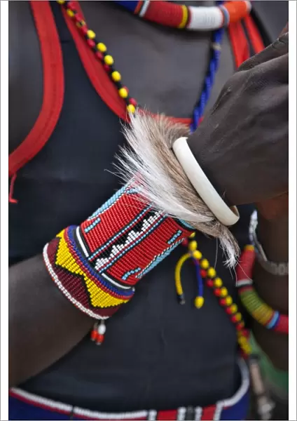 The ornaments of a Pokot warrior including a ring of goat skin which would have been slaughtered for a ceremony. The Pokot are pastoralists speaking a Southern