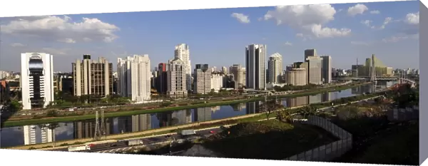 Skyline around Pinheiros River and Octavio Frias Cable Bridge, Sao Paulo, Brazil
