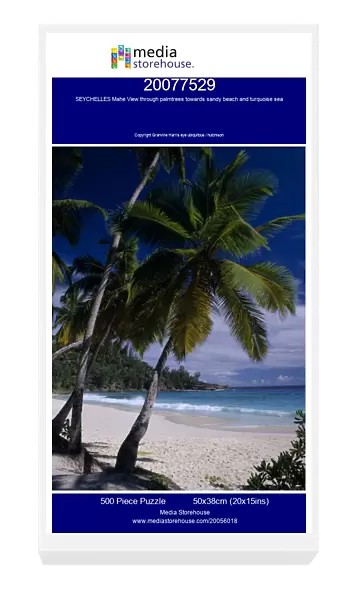 20077529. SEYCHELLES Mahe View through palmtrees towards sandy beach and turquoise sea