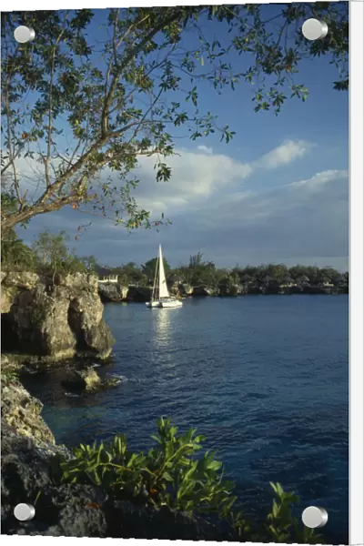 WEST INDIES, Jamaica, Negril Catamaran sailing around rocky coastline