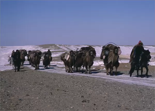 CHINA Xinjiang Province People Kazakh minority people moving camp riding horses
