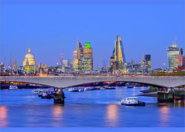 UK, England, London, City of London Skyline and Waterloo Bridge over River Thames
