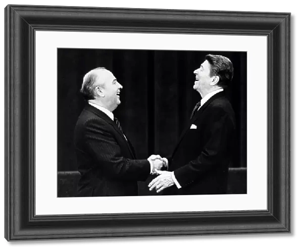 U. S. President Ronald Reagan shaking hands with Soviet leader Mikhail Gorbachev