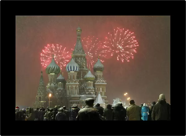 Fireworks explode over St. Basil Cathedral at Red Square during New Years Day celebrations