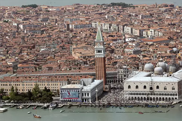 An aerial view shows St. Mark square and Venice lagoon