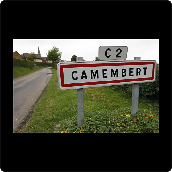 The road sign marking the entrance of Camembert village in northwestern France
