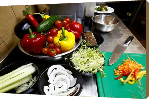 Vegetables are seen in vegetarian restaurant Green Cuisine in Minsk