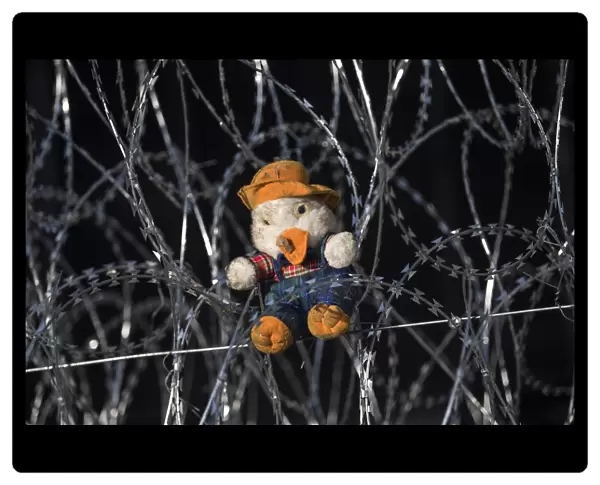 A teddy bear is placed on razor wire at the border crossing in Horgos
