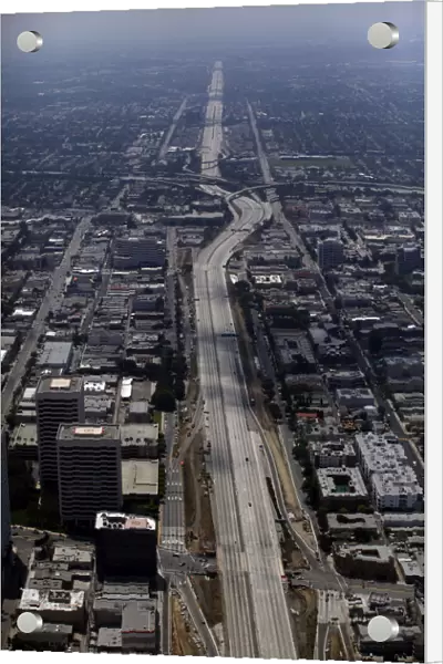 A portion of the closed 405 freeway is seen in Los Angeles