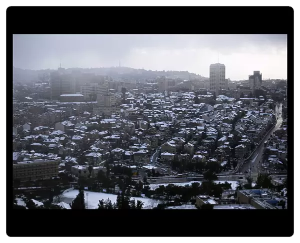 Snow covered rooftops are seen in Jerusalem
