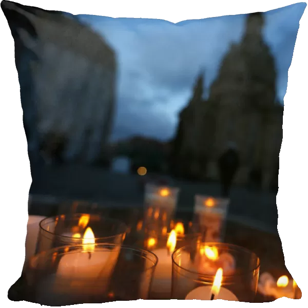 Candles lit outside Dresdens Frauenkirche cathedral in Dresden to commemorate the World
