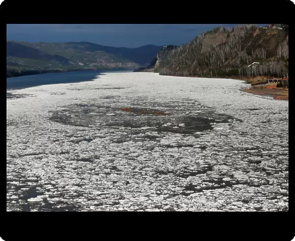 A view shows an ice drift at the merge site of rivers, Mana and Yenisei