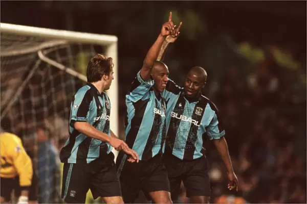 Celebrating the Penalty: Coventry City's Triumph - Huckerby, Williams, and Dublin Rejoice
