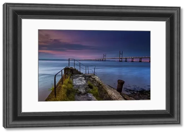 View of jetty and road bridge at sunrise, Sudbrook Jetty, Second Severn Crossing, River Severn, Severn Estuary