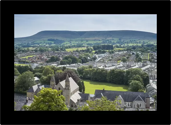 View over town towards farmland and hill, looking from Clitheroe Castle towards Pendle Hill, Clitheroe, Lancashire