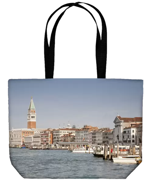 View across waterfront towards palace and cathedral belltower, looking from Arsenale Vaporetto stop, Doges Palace, St