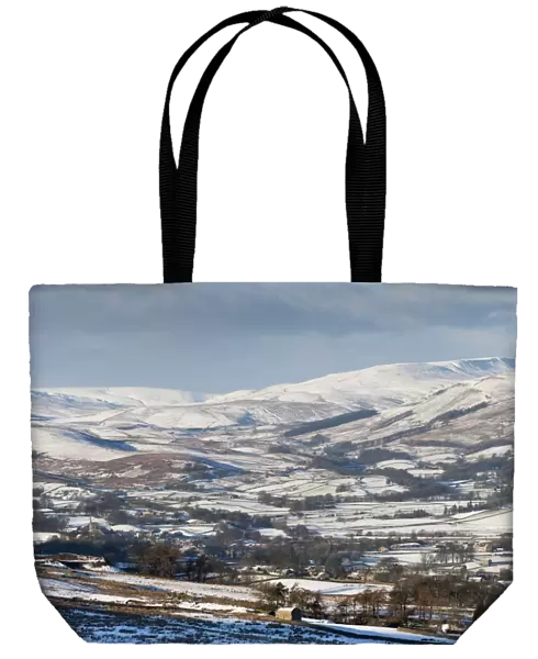 View of snow covered farmland and hills, from above Burtersett, looking towards Hawes, Upper Wensleydale