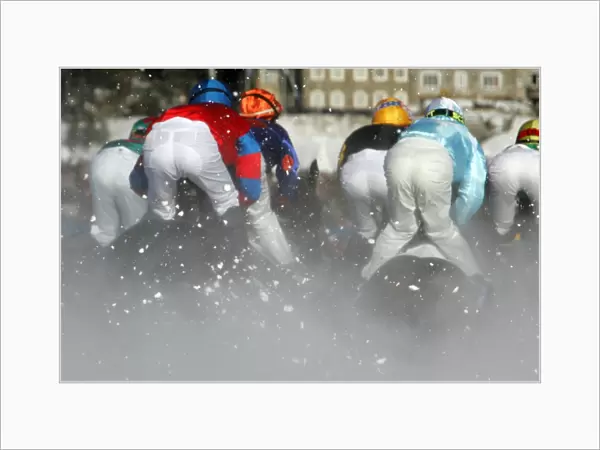 Horse racing, flat race on frozen lake, 100th anniversary jubilee, White Turf, St. Moritz, Switzerland