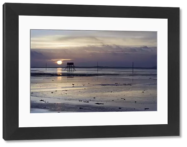 View over mudflats at low tide during sunrise, Lindisfarne N. N. R. Northumberland, England, winter