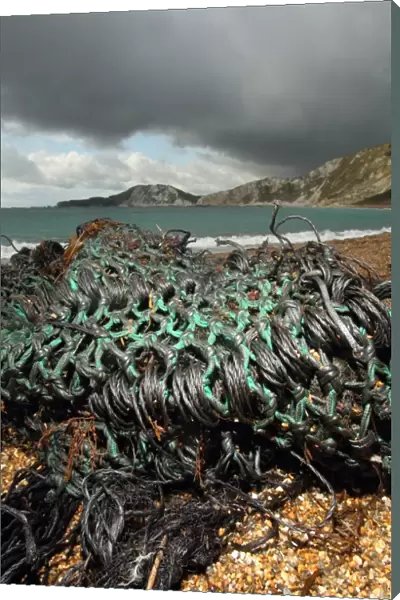Oiled trawl net washed up on beach, Worbarrow Bay, Dorset, England, september