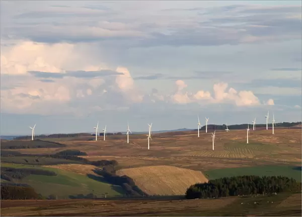 Wind turbines on upland farmland, Lammermuir Hills, Scottish Borders, Scotland, september