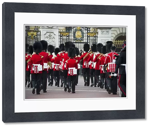 Band of the Welsh Guards guardsmen in ceremonial uniforms, Changing of the Guard outside palace, Buckingham Palace