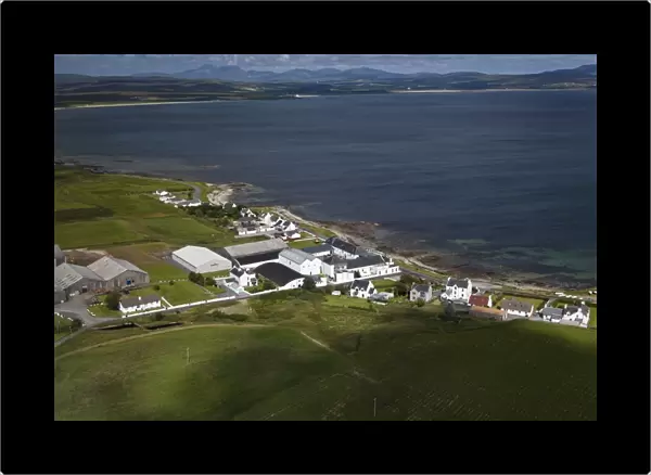 Aerial view of coastline with village and whisky distillery, Bunnahabhain Distillery, Loch Indaal, Rinns of Islay