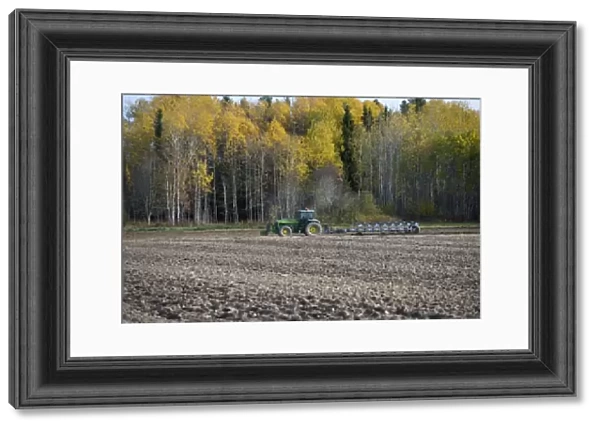 John Deere tractor with eight furrow reversible plough, ploughing arable field beside forest, Sweden, october