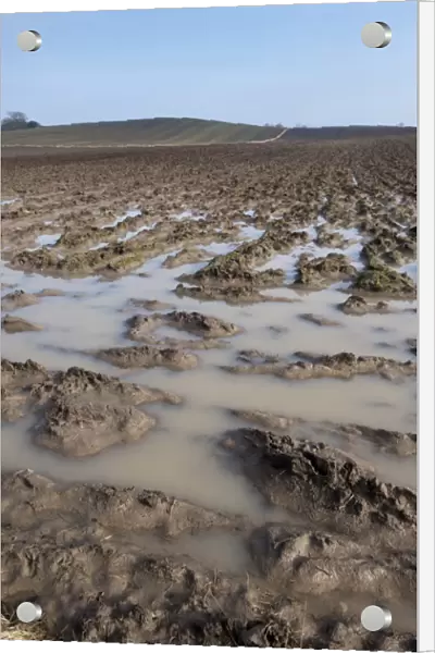 Ploughed arable field with extreme waterlogging, Yorkshire, England, February